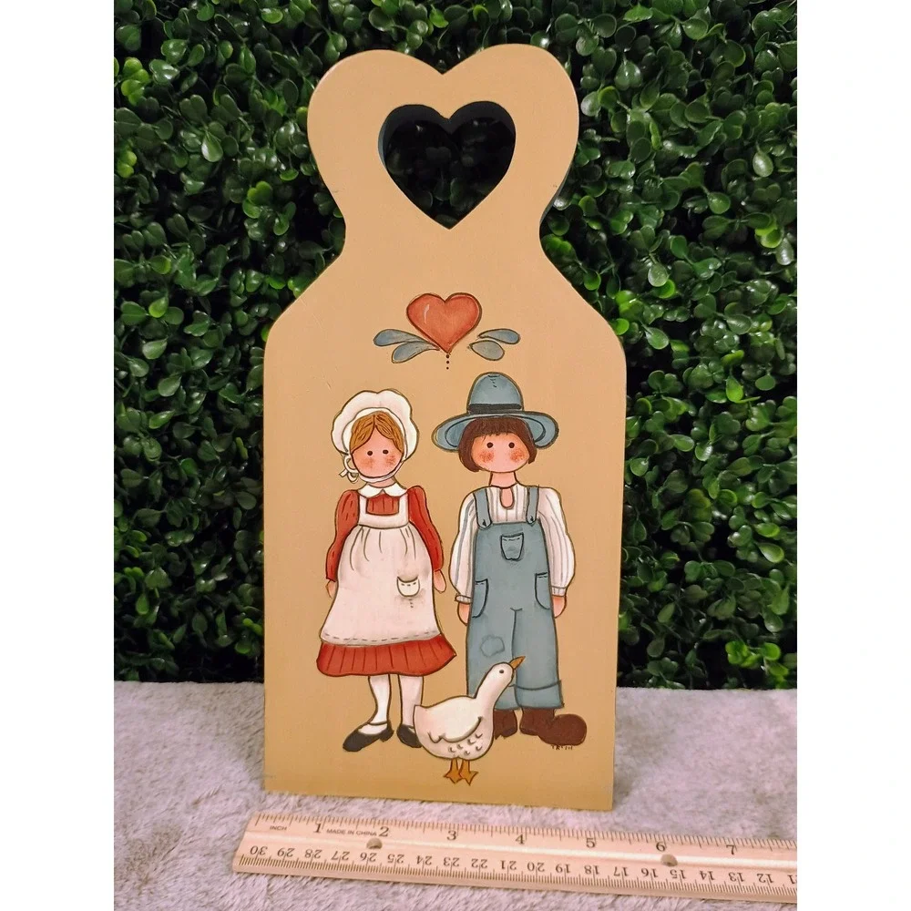 Vintage Hand Painted Wood Folk Art Plaque Amish Couple Goose Heart Wall Decor